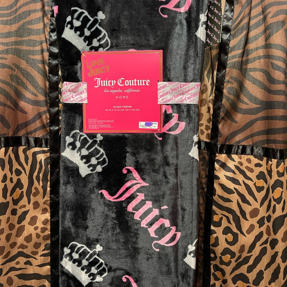 Juicy Couture Black and Pink Crown Plush Blanket
